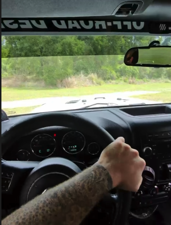A first-person view from inside a vehicle with a driver's tattooed arm on the steering wheel, looking out at a grassy field through the windshield.